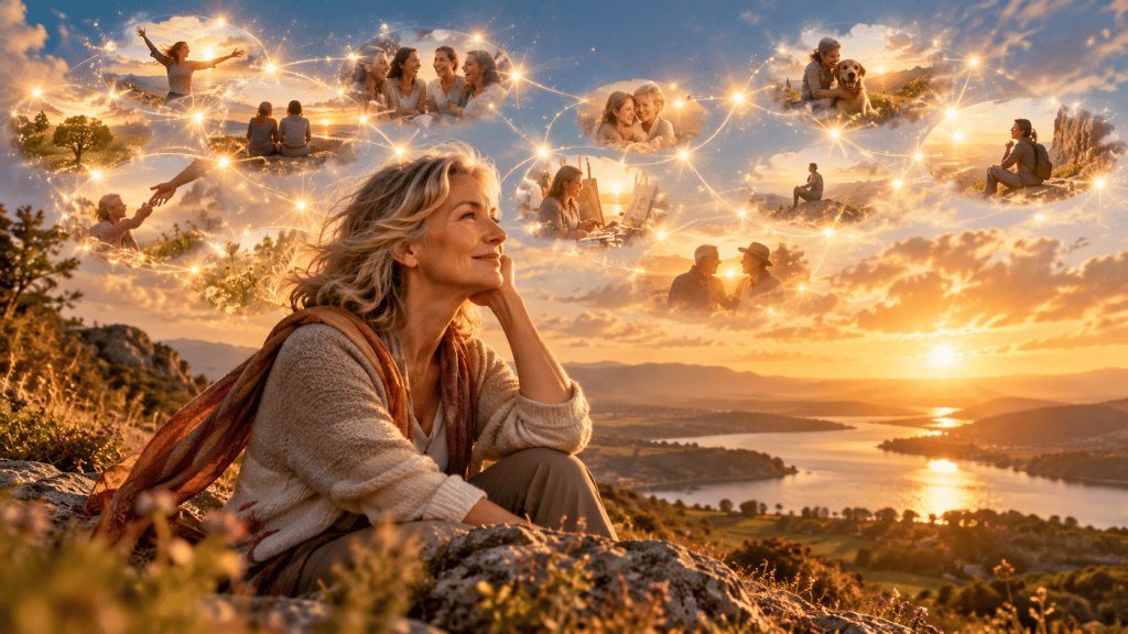 A contemplative woman sitting on a rock, gazing at a sunset over a lake, surrounded by ethereal images of happy moments and connections with others.
